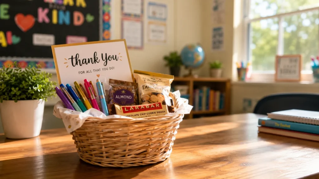 Wicker basket on wooden classroom desk filled with colorful markers, Larabar and almond snacks, with thank you card, next to small potted plant and books