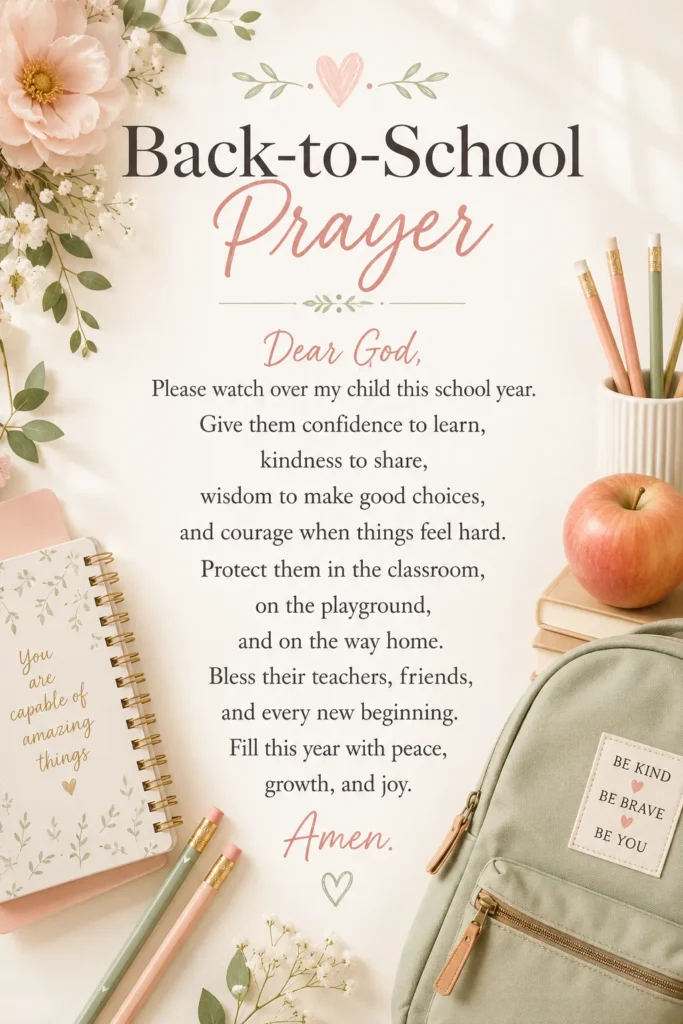 Back-to-school prayer poster surrounded by a notebook, colored pencils, red apple, sage backpack, and pink florals on cream background
