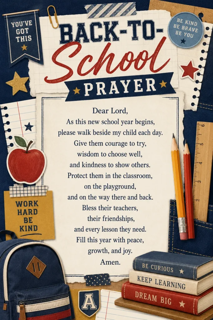 Back-to-school prayer surrounded by school supplies including a red apple, pencils, ruler, backpack, books, and motivational tags on a navy background