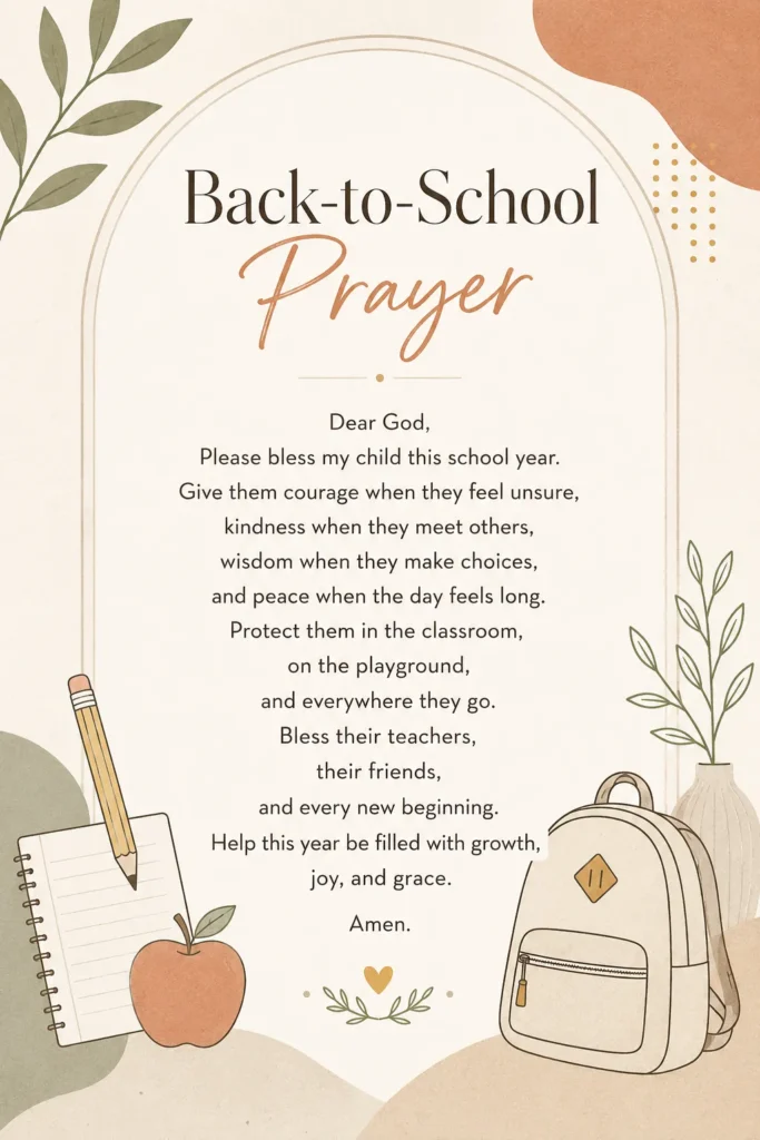 Back-to-school prayer graphic with text surrounded by pencil, notebook, apple, backpack, and botanical leaf illustrations in warm earth tones