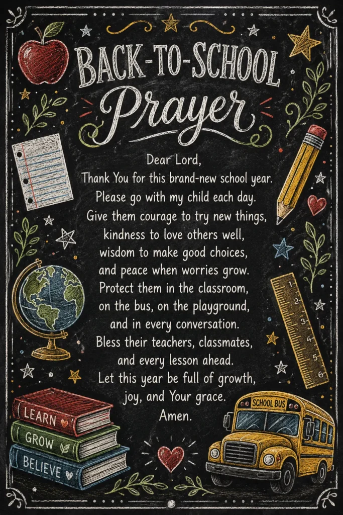 Back-to-school prayer chalkboard design with illustrated apple, pencil, globe, school bus, and stacked books surrounded by stars and decorative flourishes