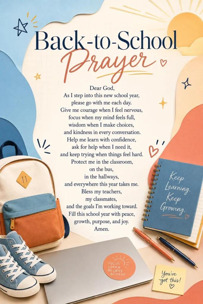 Back-to-school prayer surrounded by student essentials including a blue backpack, sneakers, laptop, and notebook with "Keep Learning Keep Growing" text on a cream and pastel background