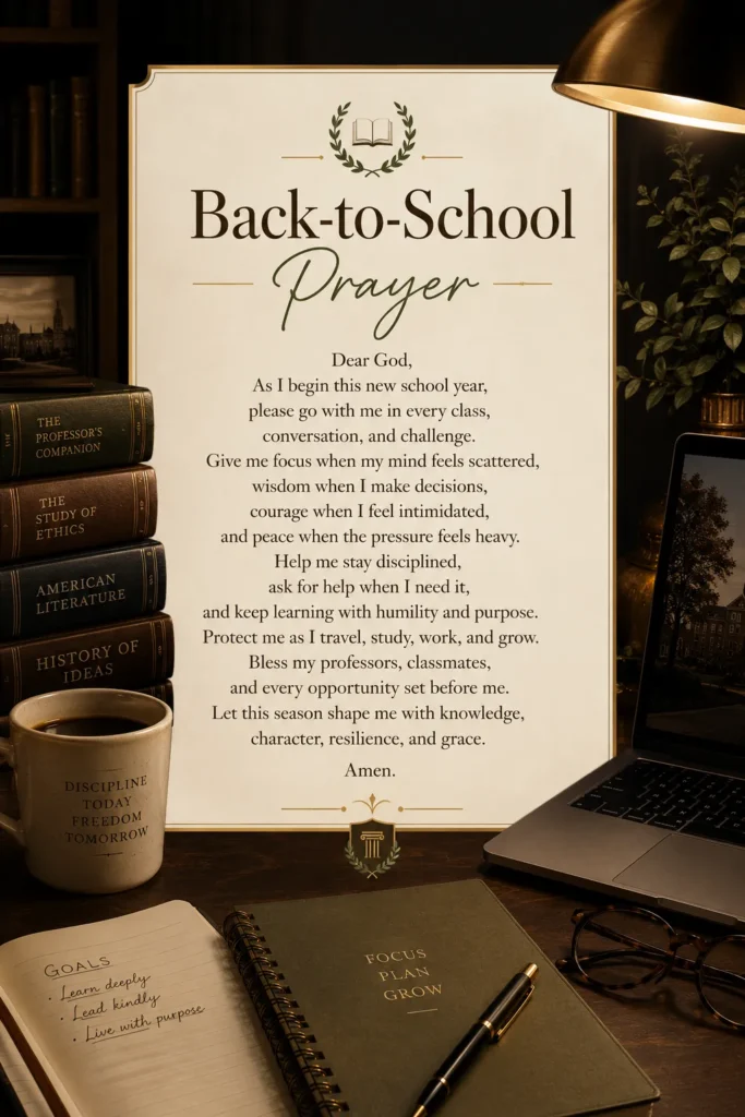 Back-to-school prayer displayed on cream cardstock surrounded by stacked books, coffee mug, laptop, notebooks, and reading glasses on a dark desk