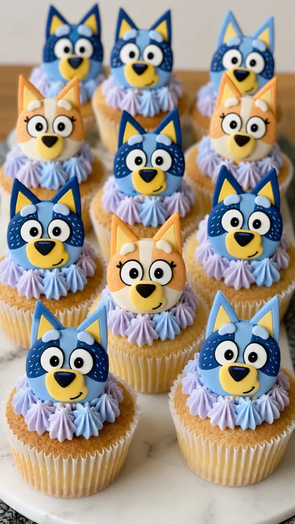 Bluey cupcakes, decorated with Bluey and Bingo faces