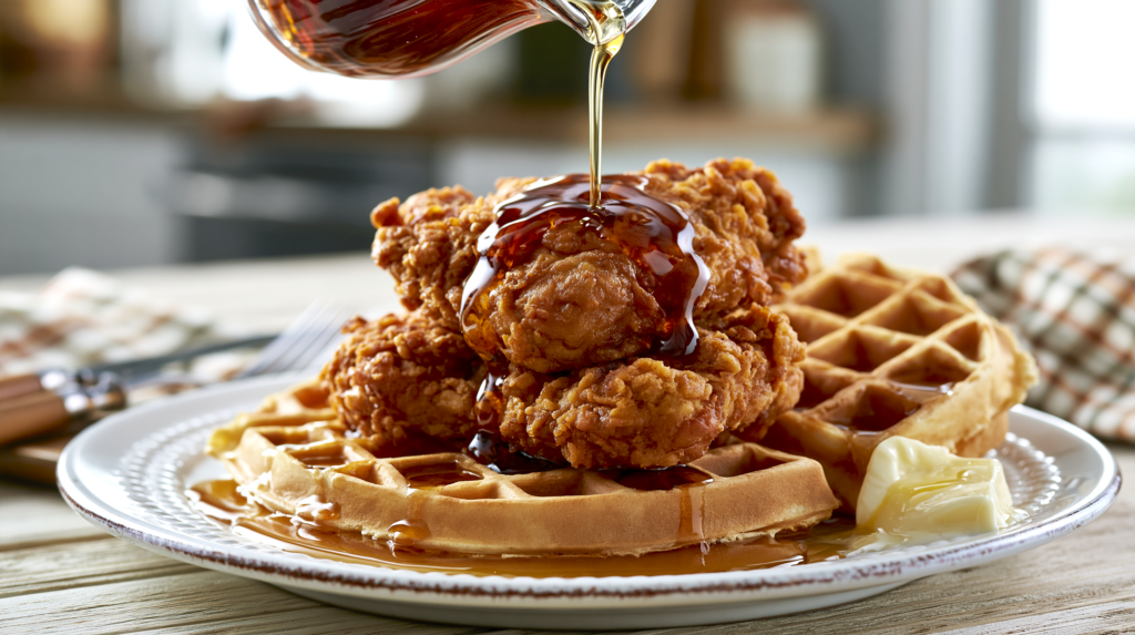 Golden fried chicken thighs stacked on a crispy Belgian waffle, maple syrup pouring from above in mid-drizzle, pat of melting butter, rustic white plate on a light wood farmhouse table, soft natural morning window light, cozy home kitchen background softly blurred, photorealistic food photography, shallow depth of field