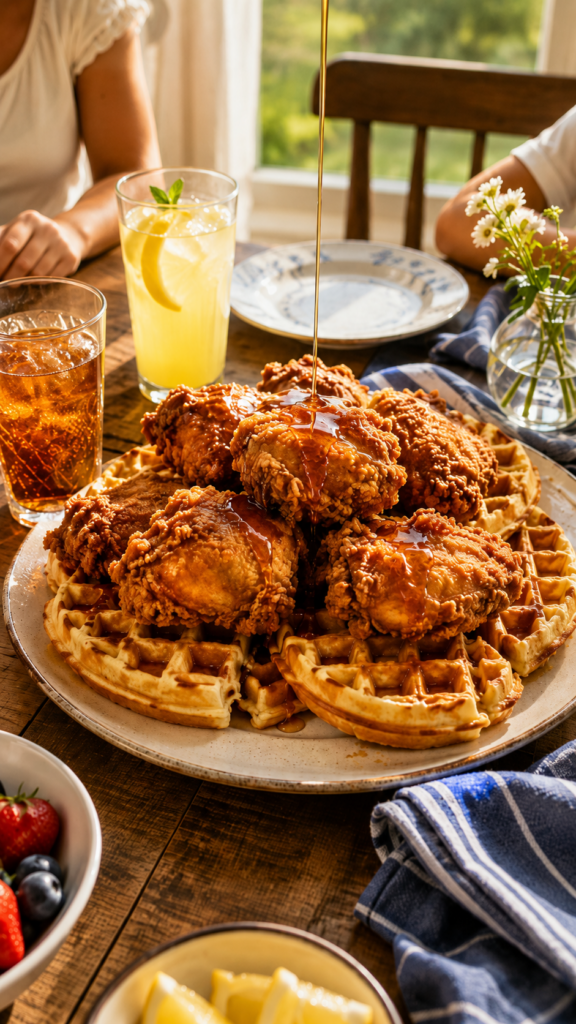 Family-style brunch table with a large platter of crispy fried boneless chicken thighs on golden round buttermilk waffles at center, thick craggy rounded pieces, maple syrup drizzling onto the top piece, cream ceramic plate with rustic brown speckled edge, glasses of sweet tea and lemonade, blue striped linen napkins, light wood farmhouse table, warm morning sunlight through a window, bright and joyful home dining scene, photorealistic lifestyle photography