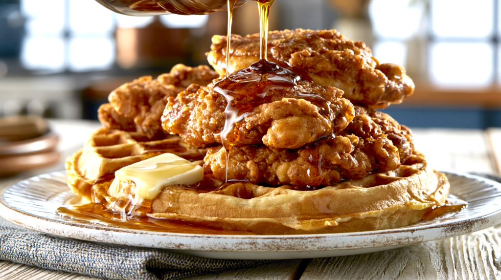 Golden fried boneless chicken thighs stacked on a crispy Belgian waffle, maple syrup pouring from above in mid-drizzle, pat of melting butter, rustic white plate on a light wood farmhouse table, soft natural morning window light, cozy home kitchen background softly blurred, photorealistic food photography, shallow depth of field