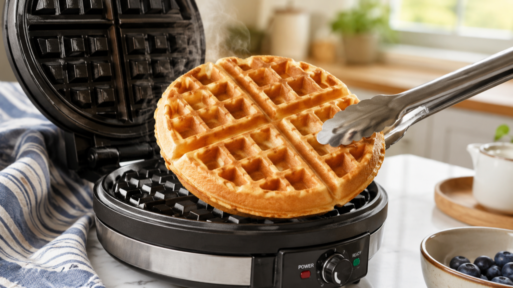 Freshly baked round buttermilk waffle being lifted from an open waffle iron with tongs, deep golden squares with crisp edges, light steam rising, white marble counter, blue and white striped kitchen towel nearby, bright airy natural window light, cozy home kitchen softly blurred in background, candid lifestyle food photography, photorealistic