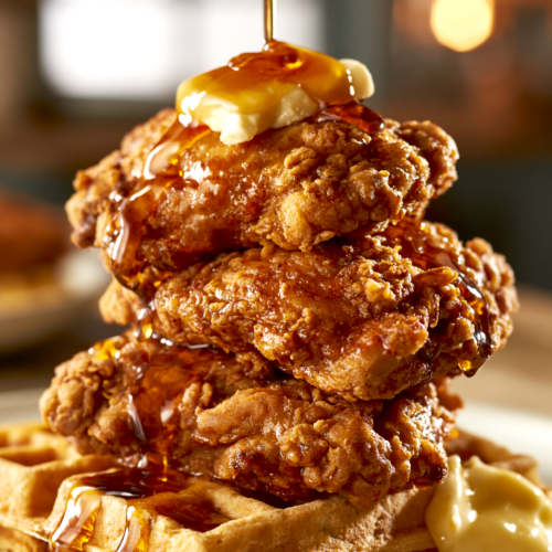 chicken and waffles with syrup and butter