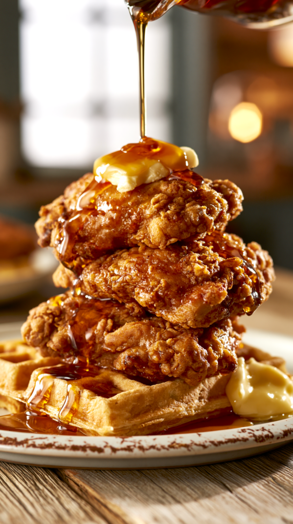 chicken and waffles with syrup and butter