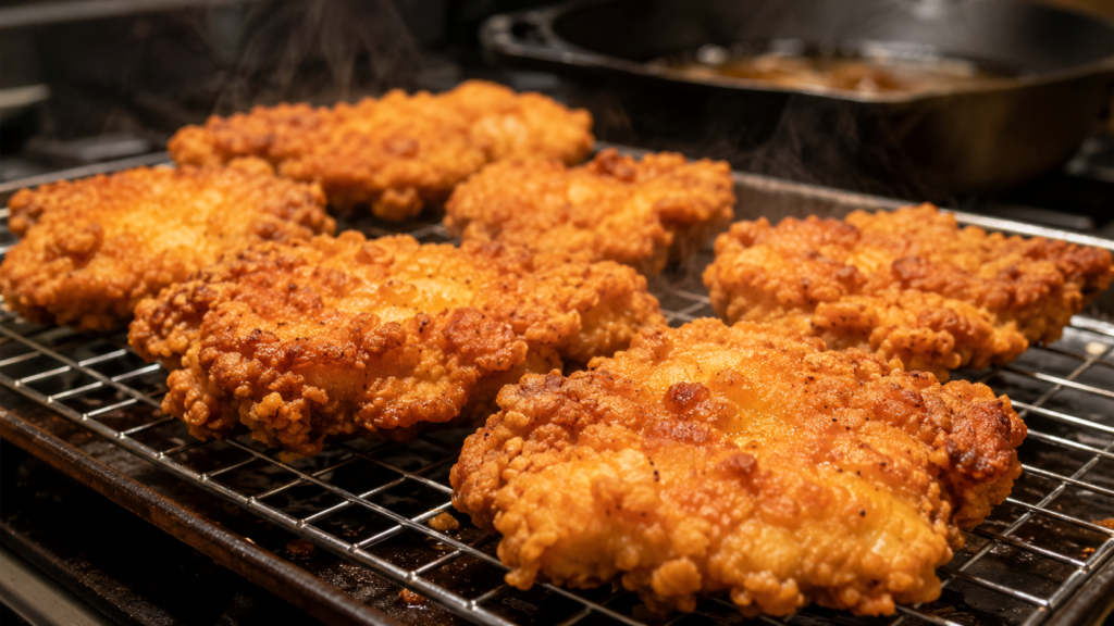 Close-up of golden fried boneless chicken thighs resting on a wire cooling rack, irregular flat pieces with craggy crispy coating, rustic homemade uneven edges, steam rising gently, cast iron pot of oil blurred in background, warm kitchen lighting, photorealistic food photography, macro detail