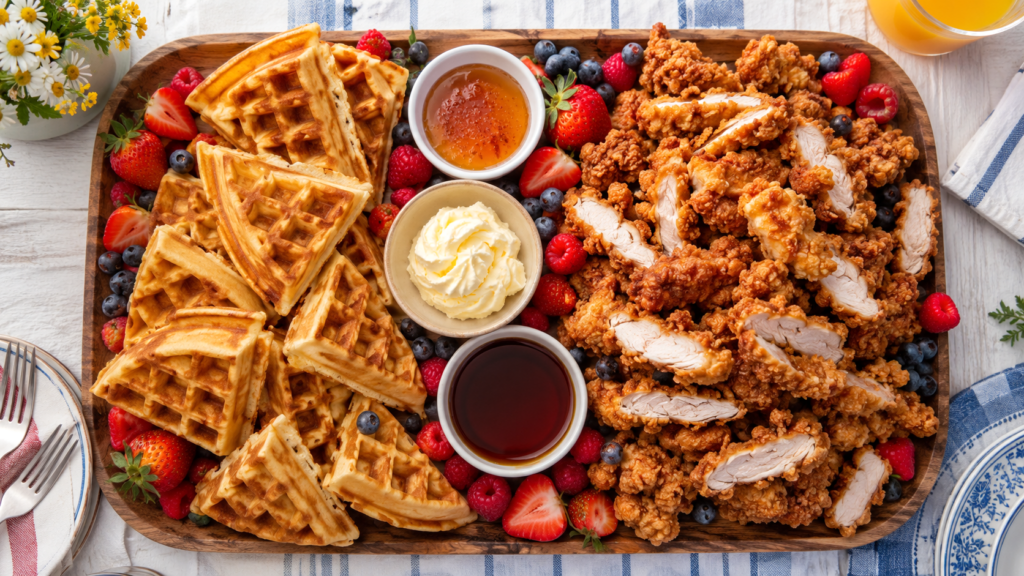 Build-your-own chicken and waffles board on a large wooden serving tray, quartered buttermilk waffles, pile of crispy boneless fried chicken thighs cut into strips, rustic uneven edges, small bowls of hot honey, maple butter, and syrup, fresh berries scattered, bright cheerful brunch table setting, overhead angle, photorealistic