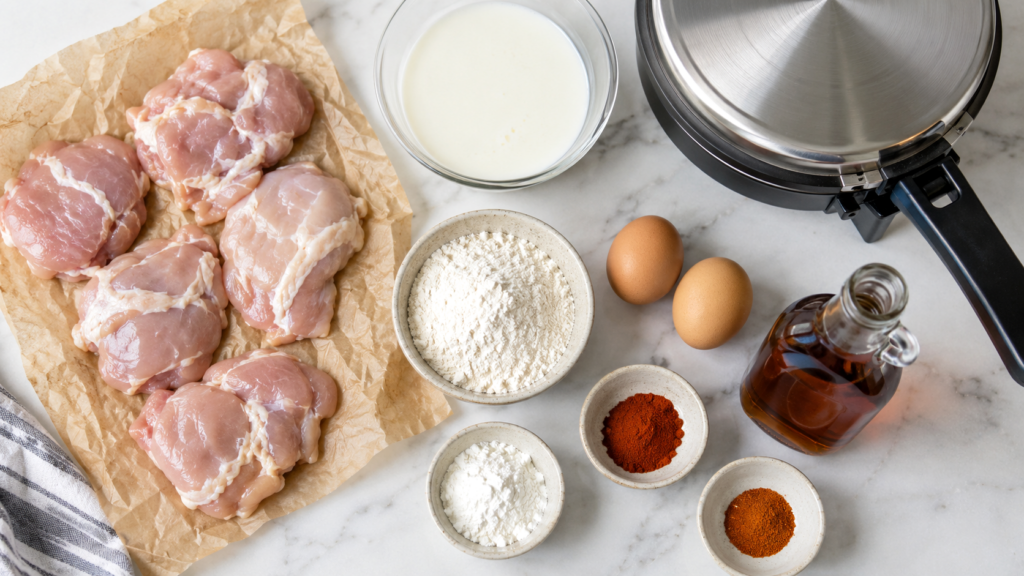 Overhead flat lay of fried chicken and waffle ingredients on a white marble counter, raw boneless skinless chicken thighs with visible fat streaks and irregular edges on crumpled parchment paper, glass bowl of buttermilk, small ceramic bowls of flour, cornstarch, paprika, cayenne, two brown eggs, plain amber glass bottle of maple syrup with no label, round stainless steel Belgian waffle maker with black handle partially cropped at edge of frame, bright airy natural light, slightly imperfect casual arrangement, home kitchen, photorealistic food photography