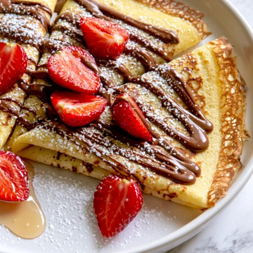 Golden crepes topped with chocolate drizzle, fresh strawberry slices, and powdered sugar on a white plate