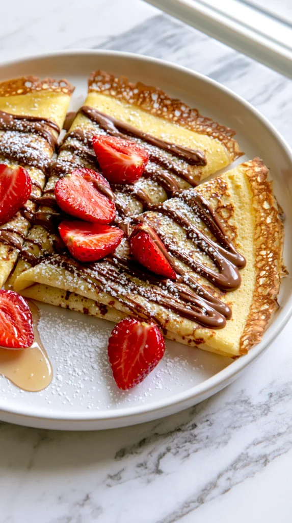 Golden crepes topped with chocolate drizzle, fresh strawberry slices, and powdered sugar on a white plate