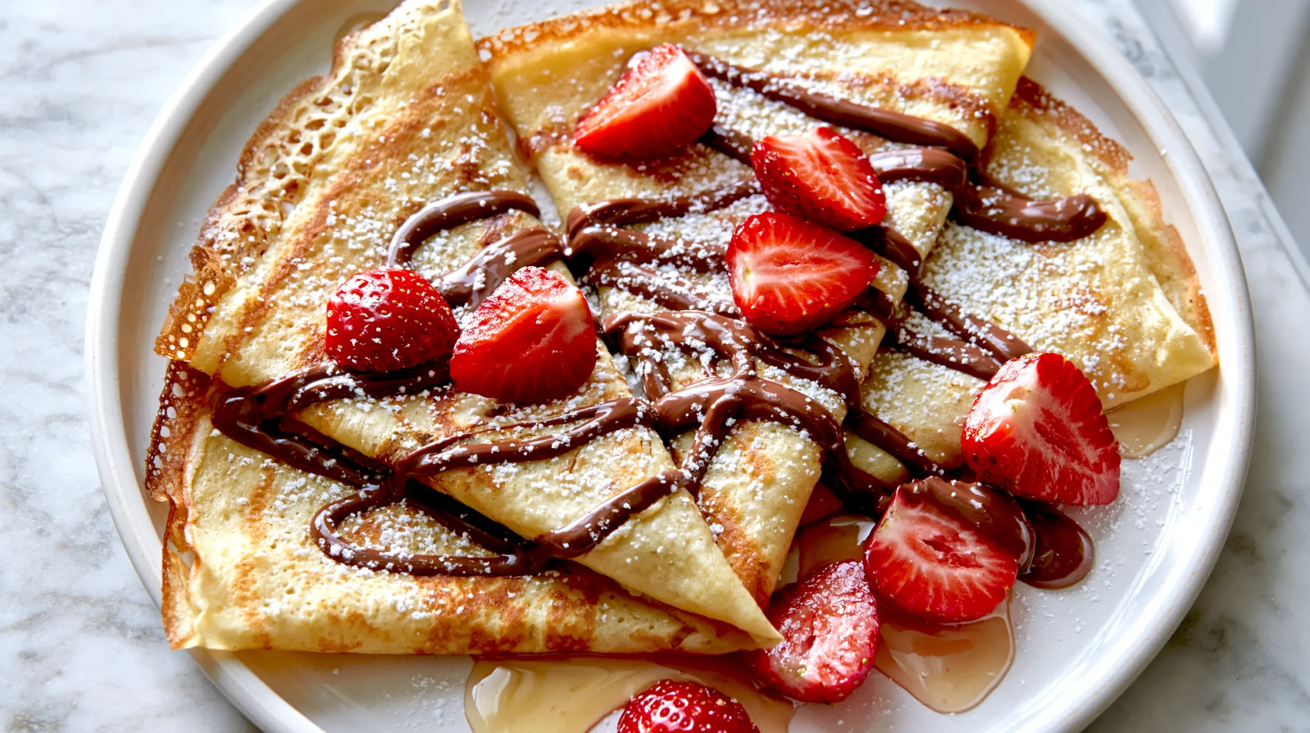 Golden crepes folded on a white plate, topped with fresh strawberry slices and chocolate drizzle, dusted with powdered sugar