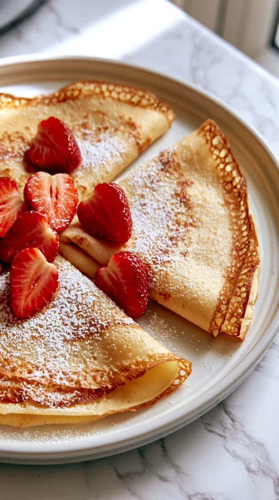 Golden crepes dusted with powdered sugar and topped with fresh strawberry slices on a white plate