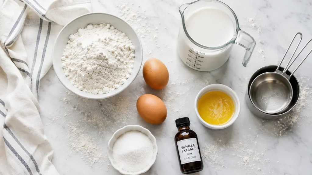 Baking ingredients arranged on marble surface: flour, eggs, milk, melted butter, sugar, vanilla extract, and measuring cups with striped kitchen towel