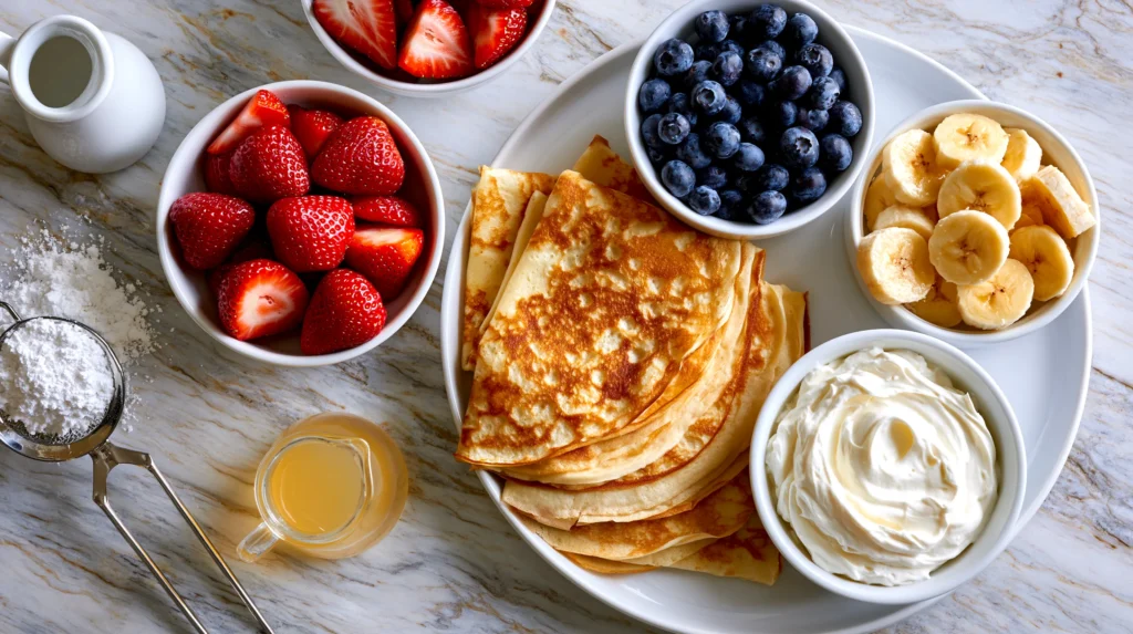 Overhead view of golden crepes surrounded by bowls of fresh strawberries, blueberries, sliced bananas, whipped cream, and a small pitcher of syrup on a marble table