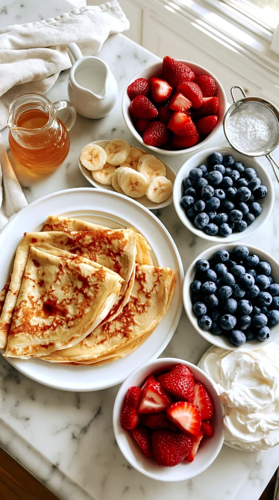 Golden crepes arranged with fresh strawberries, blueberries, sliced bananas, honey, and whipped cream on a marble table