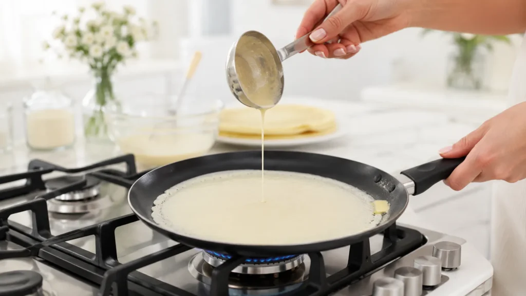 Person pouring crepe batter from a ladle into a skillet on a gas stove in a bright kitchen