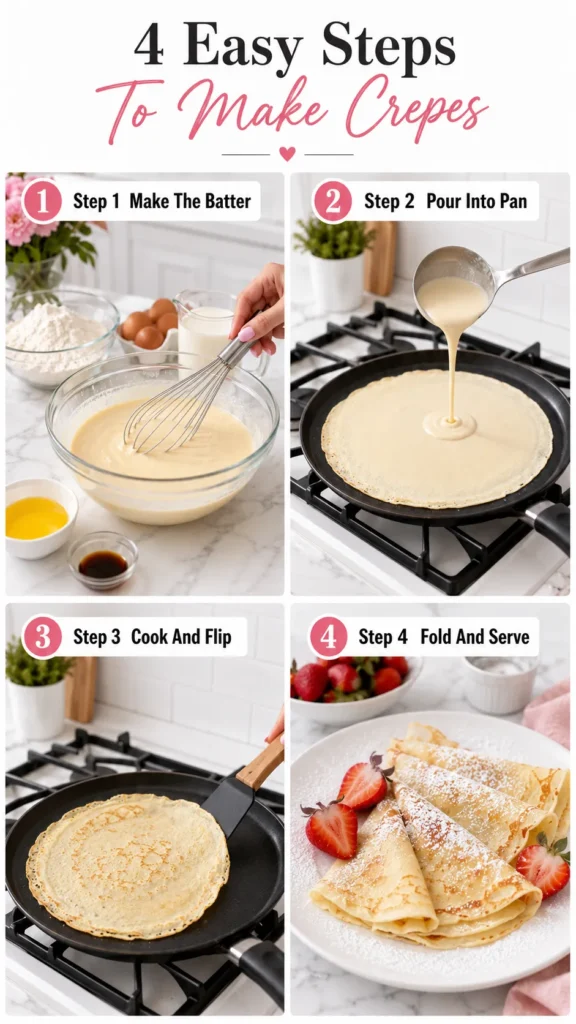 Step-by-step crepe recipe guide showing batter preparation, pouring into pan, cooking and flipping, and finished crepes with strawberries and powdered sugar