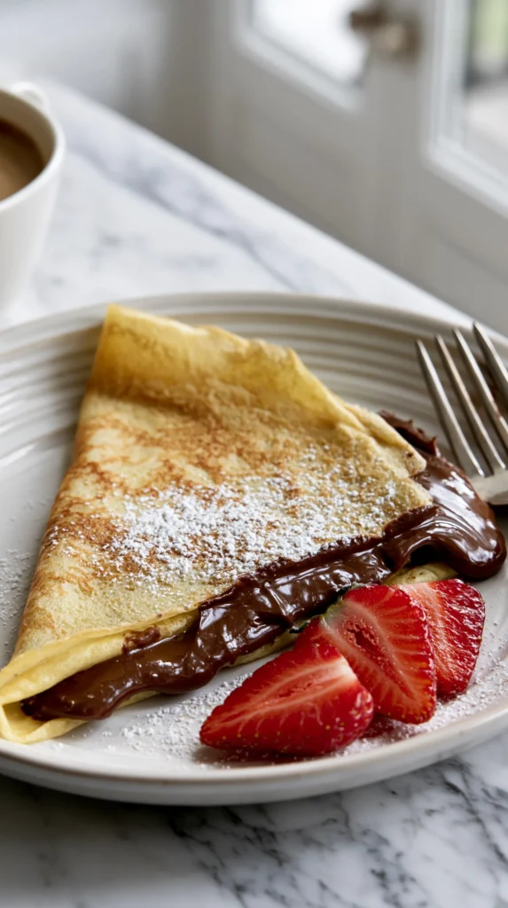 Delicate crepe folded on white plate with chocolate spread and fresh strawberry slices, dusted with powdered sugar, next to coffee cup