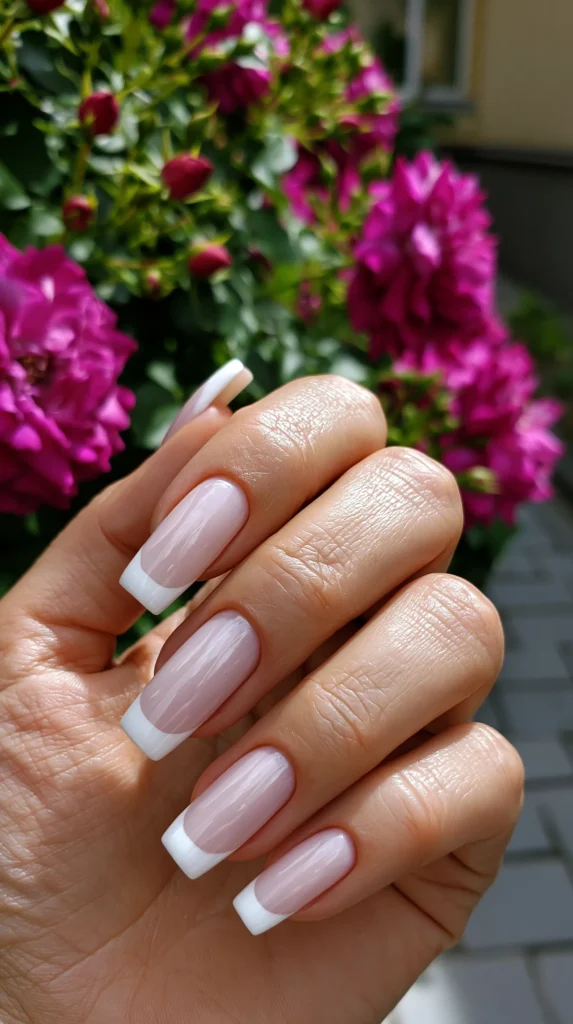 long nails, white tips, pink base