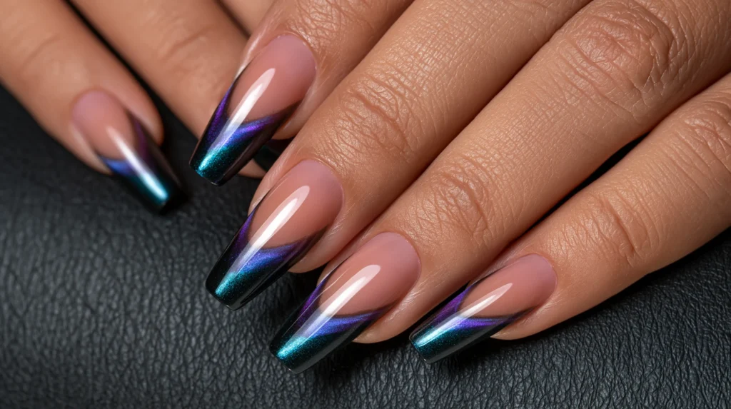 long cat eye French-tip nails, cat eye tips, with an opaque pink nail base; summer vibes