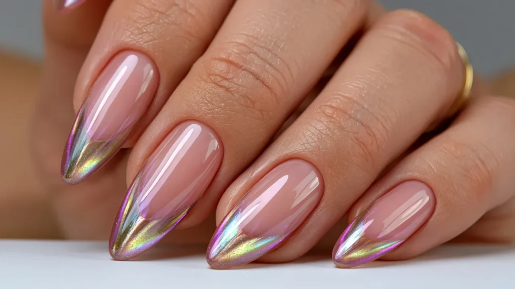 long cat eye French-tip nails, cat eye tips, with an opaque pink nail base; summer vibes