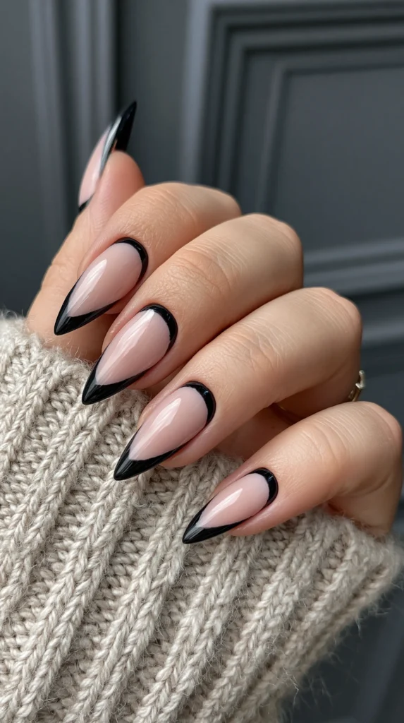 black French tips, manicure, female hand, sweater