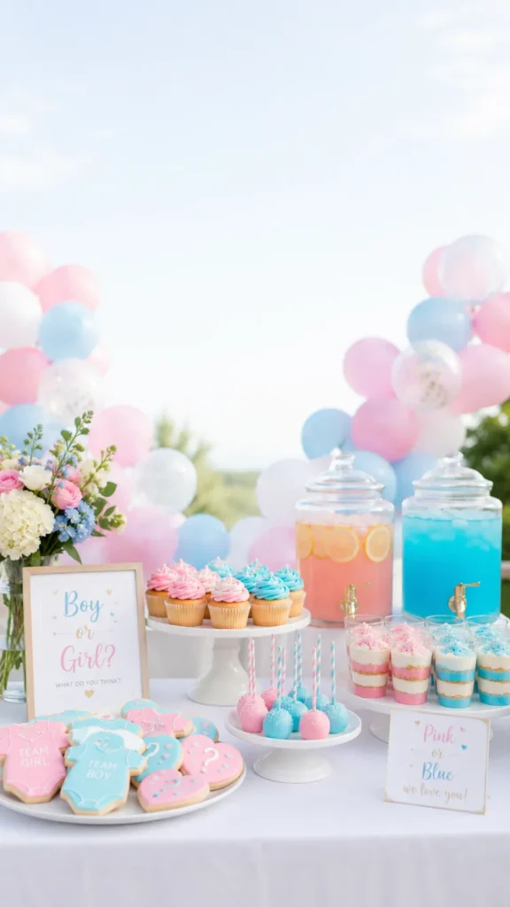 Gender reveal party dessert table with pink and blue balloons, decorated cookies, cupcakes, layered drinks, and a "Boy or Girl" sign