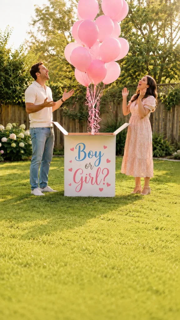 Couple celebrates with pink balloons and a box decorated with "Boy or Girl?" text in a sunny backyard garden
