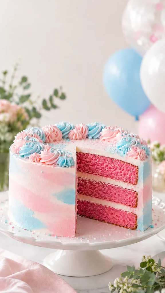 Layered pink and white cake with blue and pink frosting swirls on a cake stand, surrounded by balloons and greenery for a gender reveal party