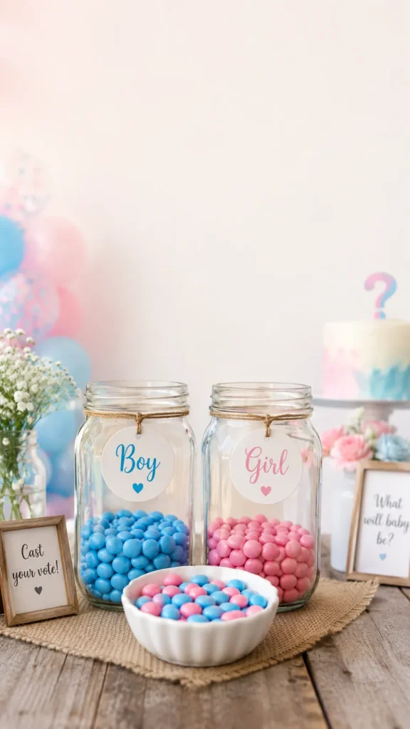 Two glass jars filled with blue and pink candies labeled "Boy" and "Girl" next to a white bowl with mixed candies at a gender reveal party display