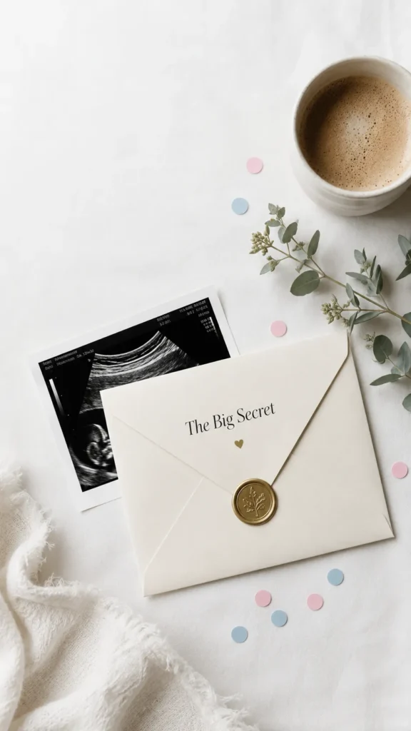 Flat lay of cream envelope sealed with gold wax seal beside ultrasound image, coffee cup, fresh eucalyptus, and scattered pink and blue confetti on white background