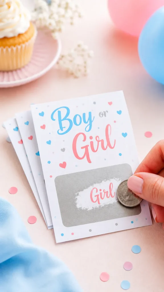 Hand holding a gender reveal scratch-off card showing pink powder, surrounded by cupcakes, balloons, and confetti in blue and pink
