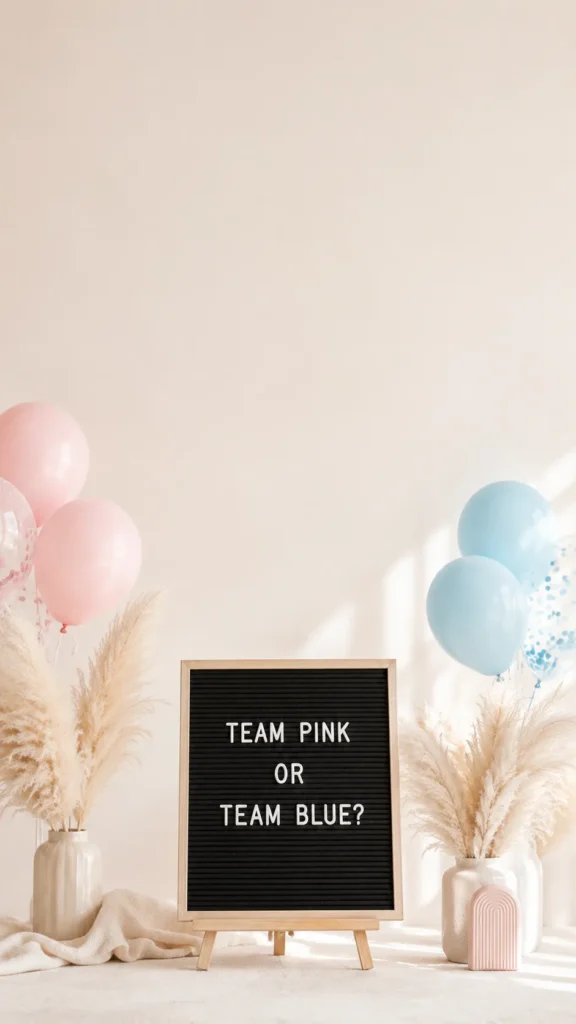 Gender reveal party setup with black letter board asking "Team pink or team blue?" flanked by pink and blue balloons, pampas grass in cream vases, and decorative accents on neutral background