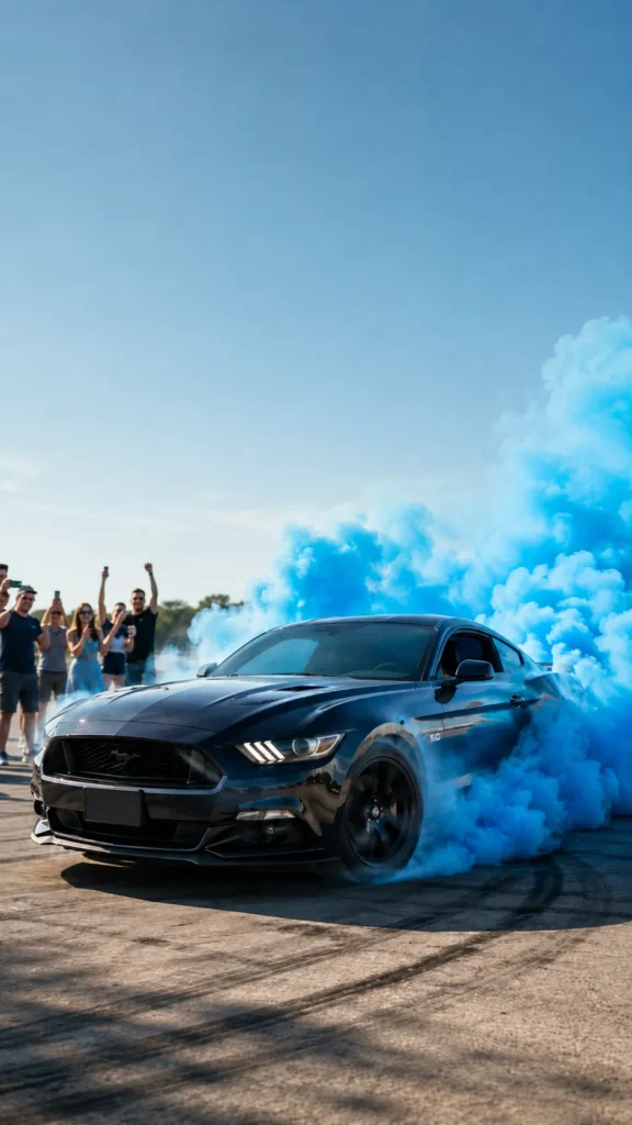 Black Mustang surrounded by bright blue powder smoke during a gender reveal celebration with cheering crowd in background