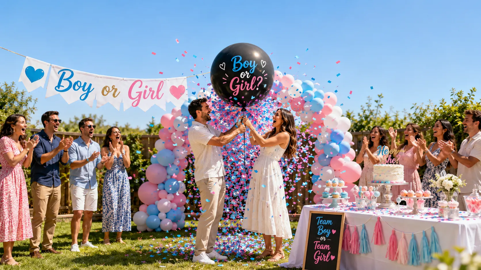 Couple popping a black confetti balloon revealing pink and blue confetti at outdoor gender reveal party with "Boy or Girl" banner and decorated balloons