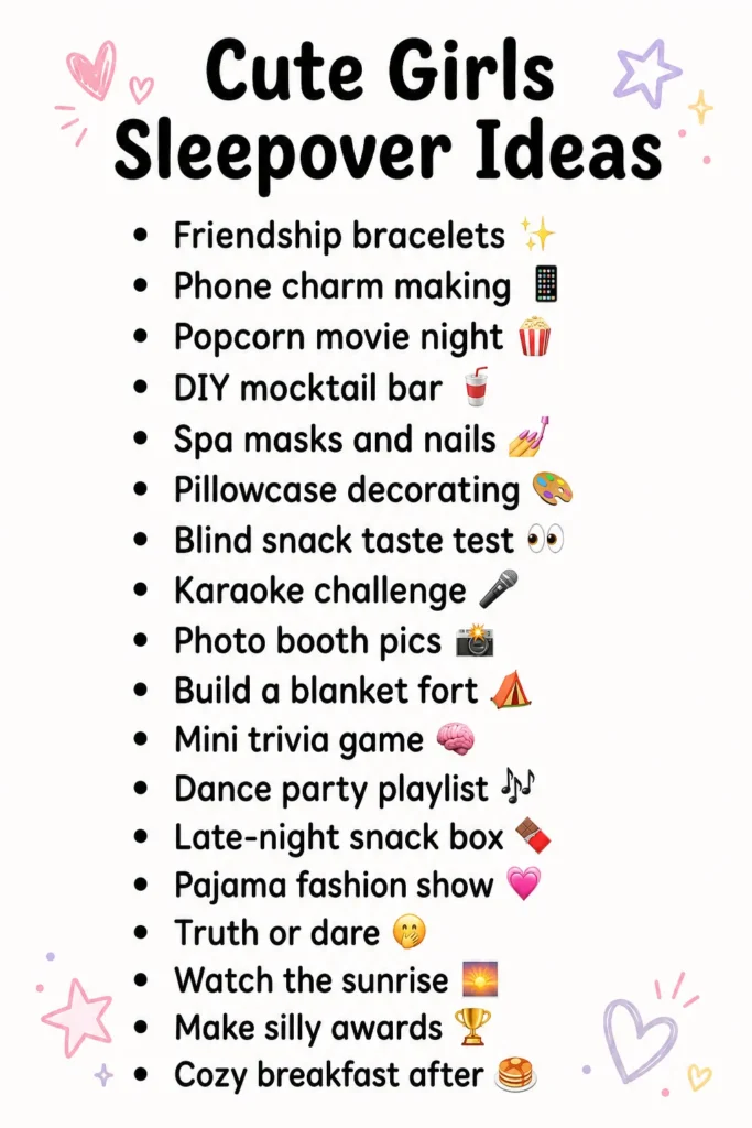 Colorful infographic with black text listing 18 cute sleepover ideas including friendship bracelets, karaoke, spa masks, and blanket forts, decorated with pink hearts, purple stars, and emoji icons