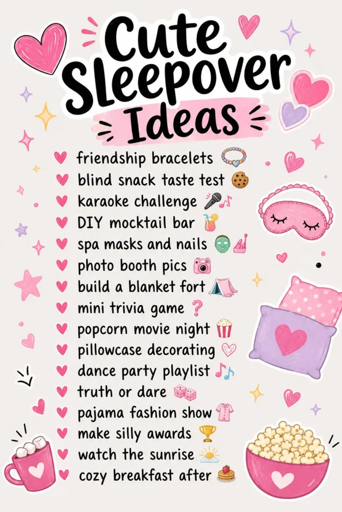 Illustrated list of cute sleepover ideas in pink and purple, including friendship bracelets, karaoke, spa masks, blanket fort, and popcorn movie night with hearts and stars