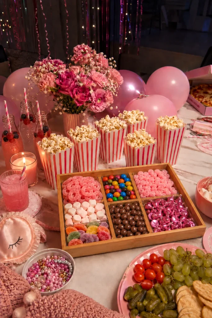 Pink and red floral centerpiece with pink balloons, surrounded by striped popcorn boxes, candy assortment box, beverages, and fruit platters on a white table decorated with candles and fairy lights