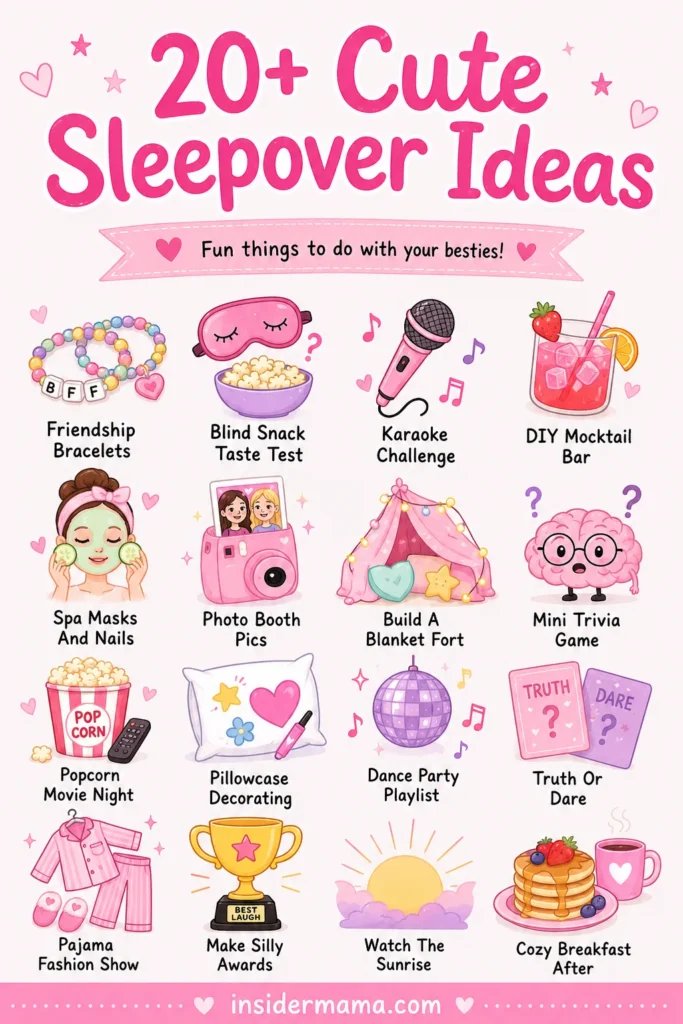Colorful infographic showing 16 cute sleepover activity ideas including friendship bracelets, karaoke, blanket fort, dance party, and pajama fashion show with pink hearts and stars throughout
