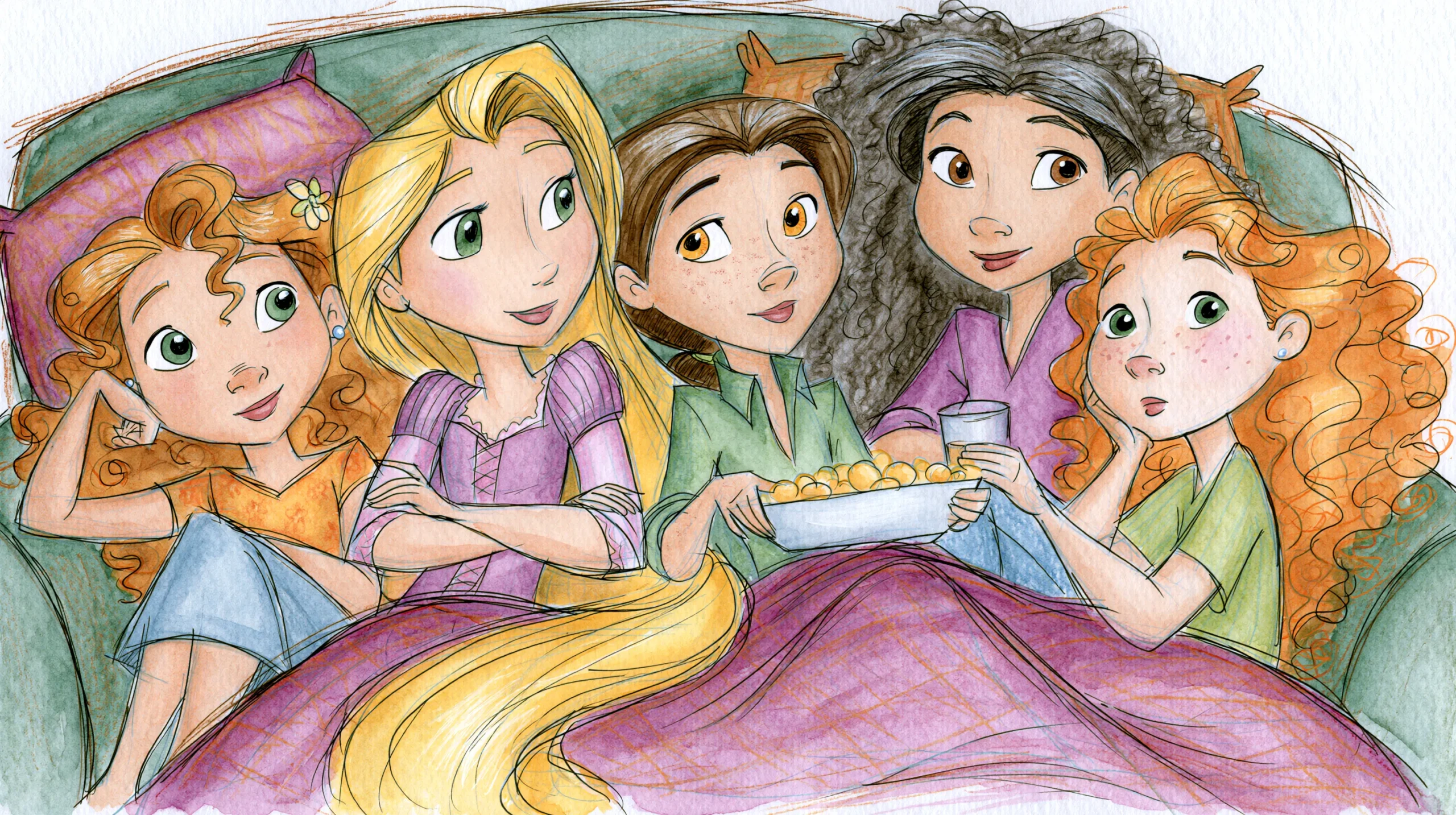 Four animated girls with different hair colors sitting together on a bed sharing snacks and laughing during a sleepover