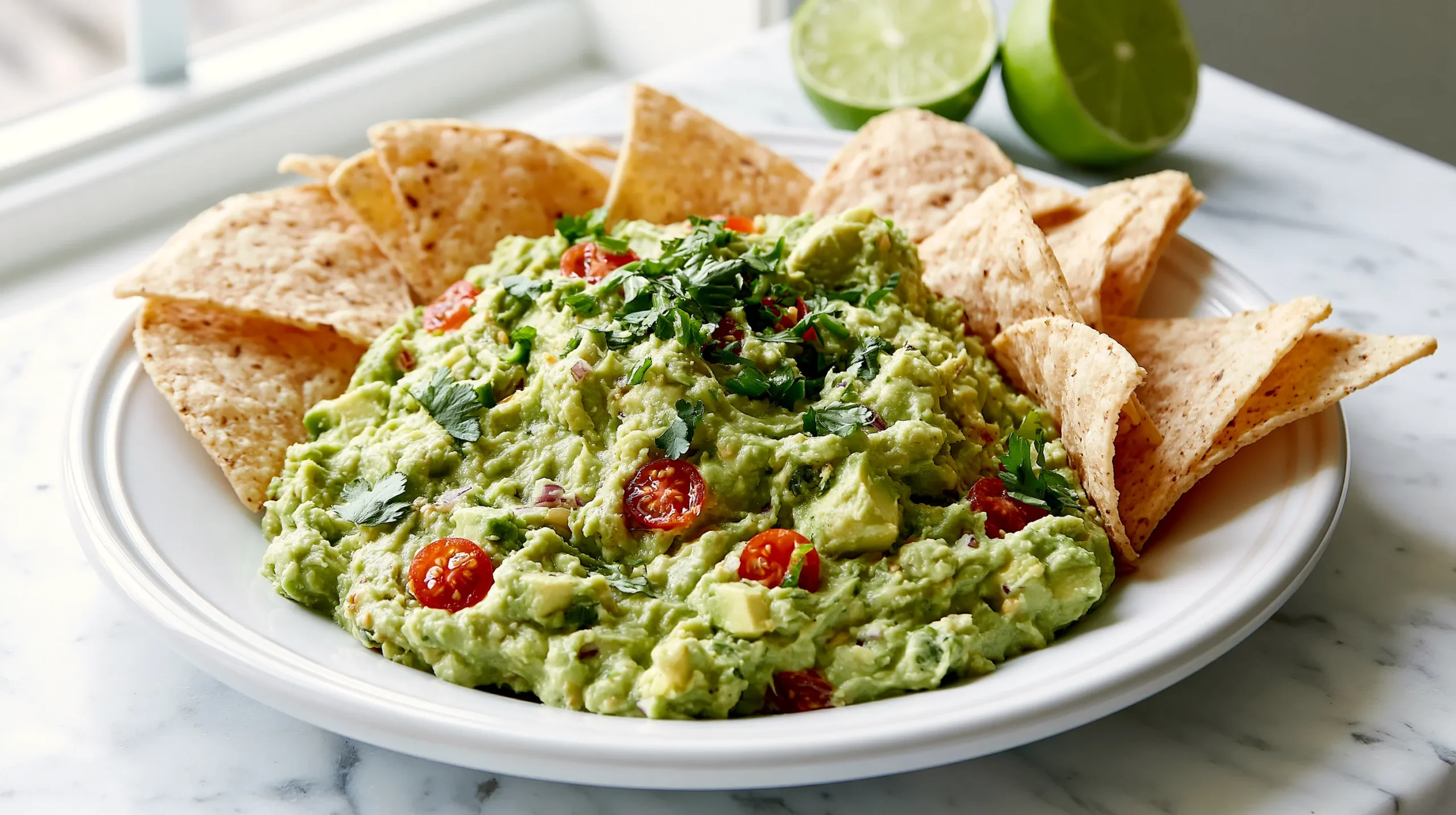 Fresh guacamole topped with cilantro and diced red peppers, served with baked tortilla chips and lime wedges on a white plate
