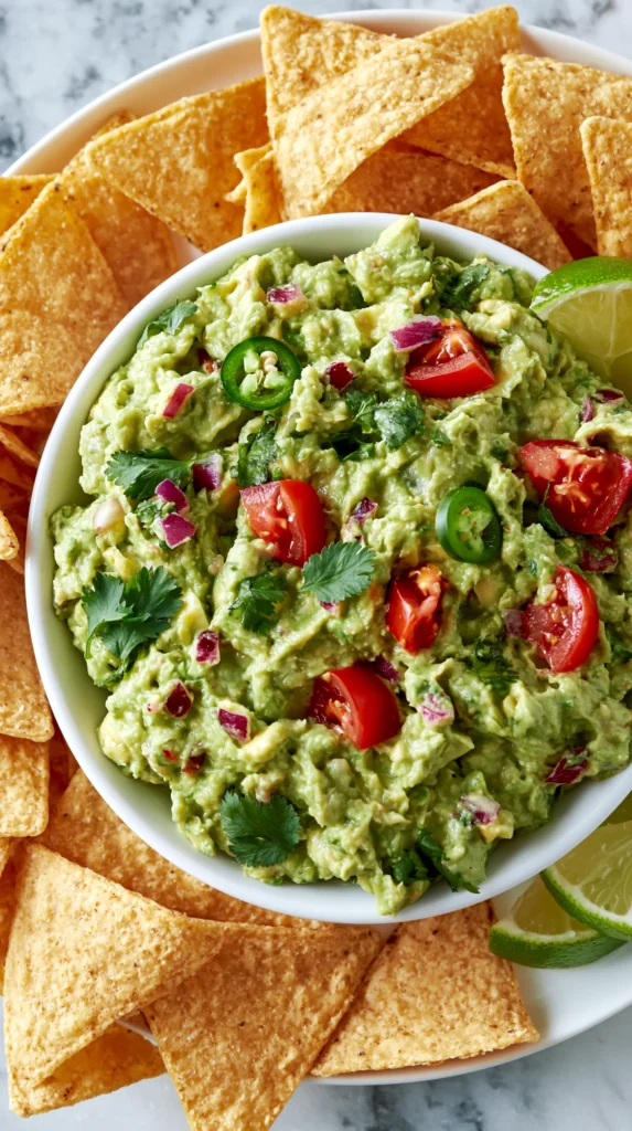 Creamy guacamole topped with red tomatoes, jalapeños, and cilantro in a white bowl surrounded by golden tortilla chips and lime wedges