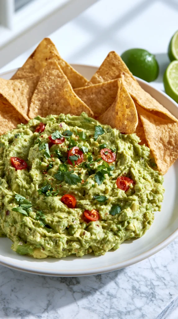 Fresh guacamole dip topped with red chili slices and cilantro, served with crispy tortilla chips and lime wedges on a white plate