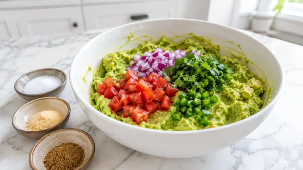 White bowl filled with fresh guacamole topped with diced red tomatoes, purple onions, green peas, and cilantro, with seasoning bowls nearby on marble counter