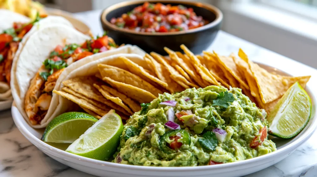 Creamy guacamole topped with cilantro and red onion, served with crispy tortilla chips, lime wedges, and salsa on a white plate